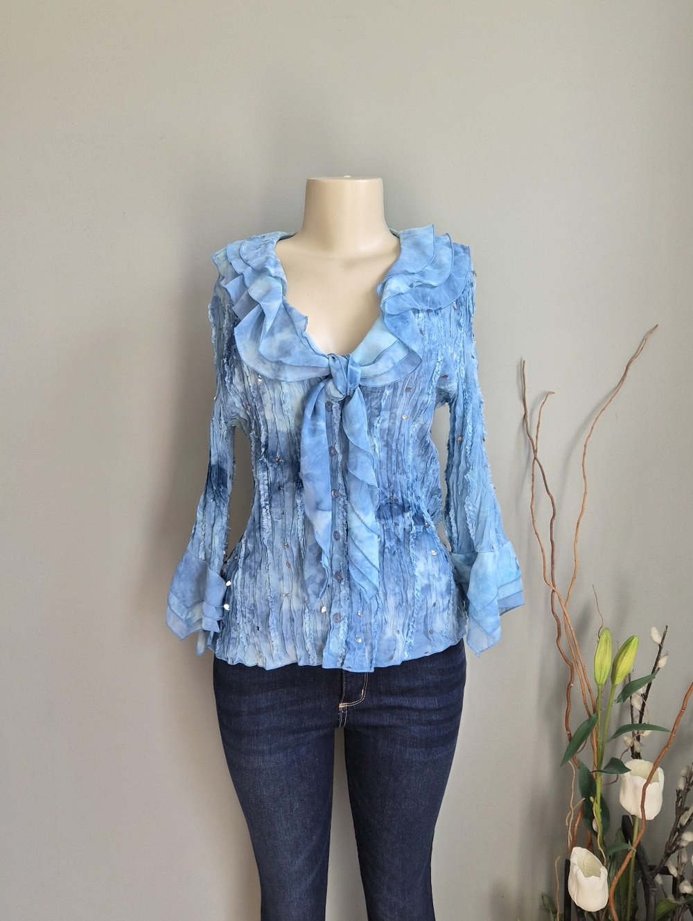 PiANO Blue sheer ruffled blouse with sequins and tie front Size M